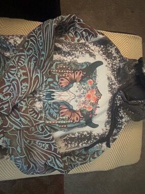 Floral Bull Skull Graphic Hoodie in Teal, Brown and Pink